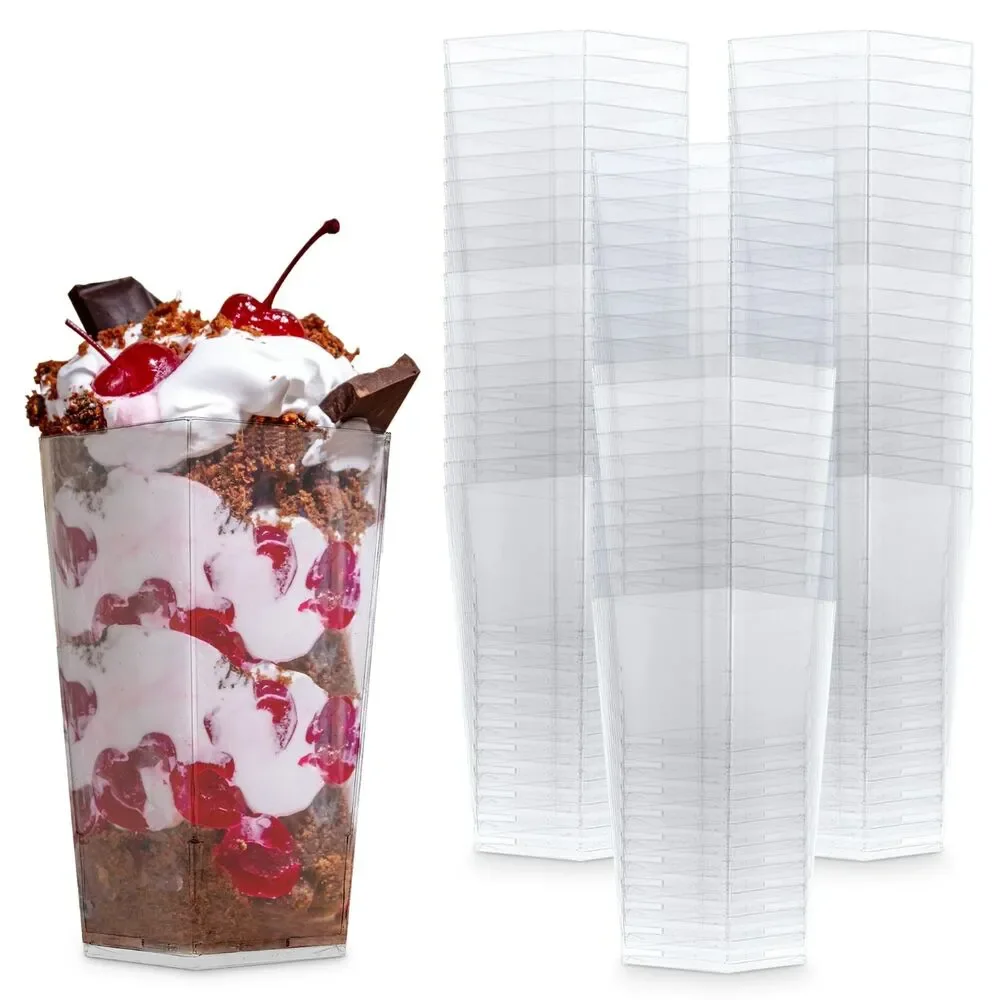 Oasis Creations 50 PC Clear Tall Square Mini Dessert Appetizer 3 Oz Cup W/Spoons